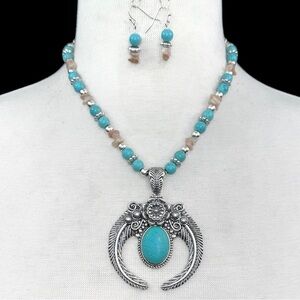 Turquoise Stone Beaded Squash Blossom Silver Western Necklace Earrings Set